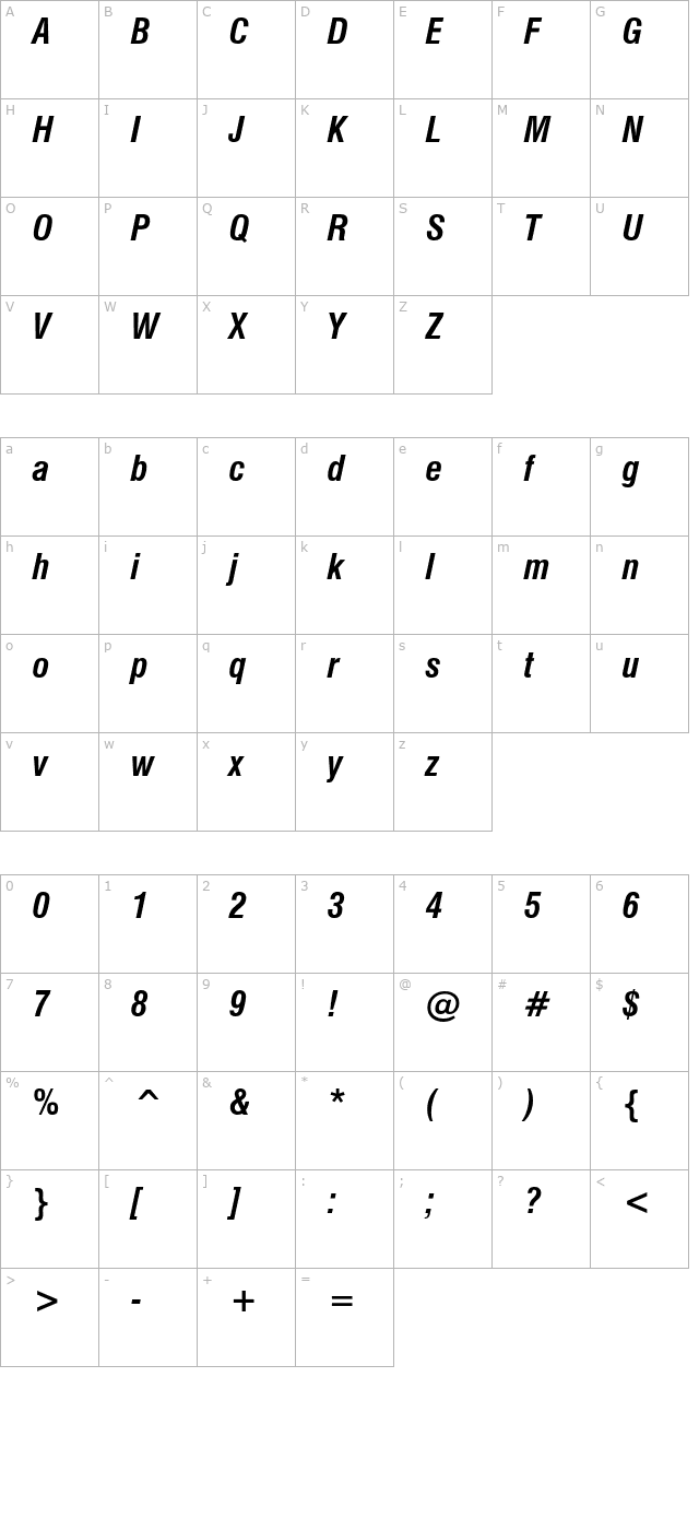 HalvettCondensed Bold Italic character map
