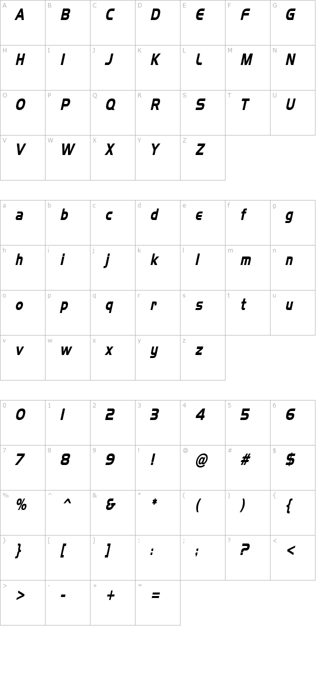 Hanzel Thin Bold Italic character map