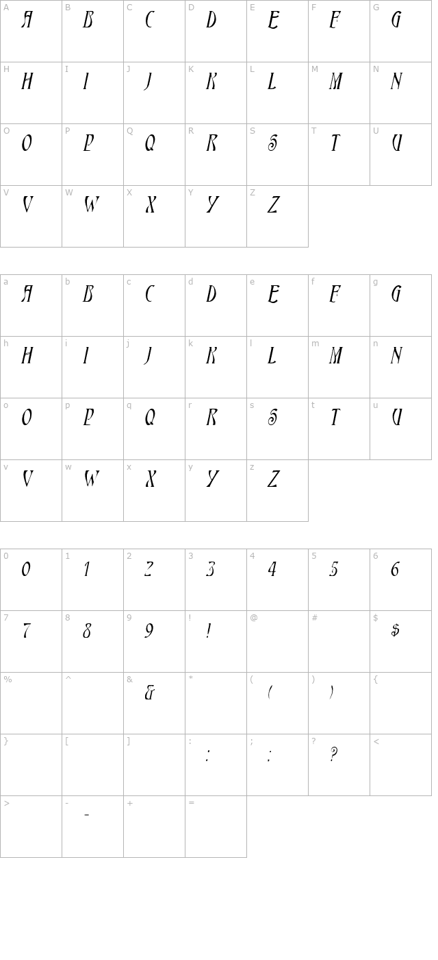 HardinCaps Italic character map