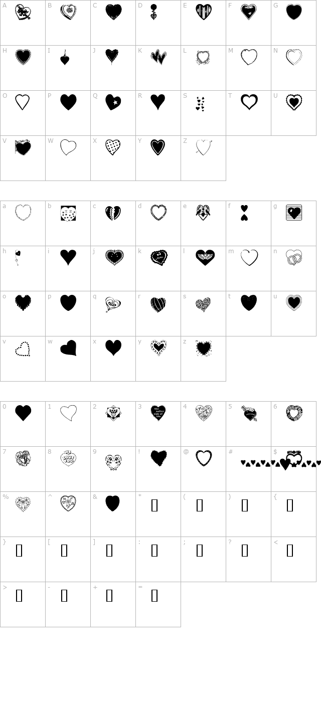 Hearts Galore character map