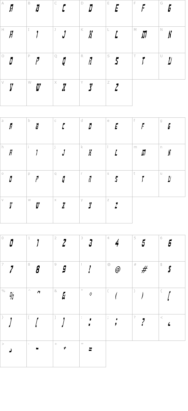 hebrewcondensed-italic character map