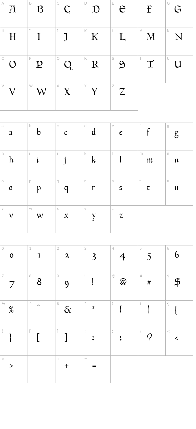Hingham Text Normal character map