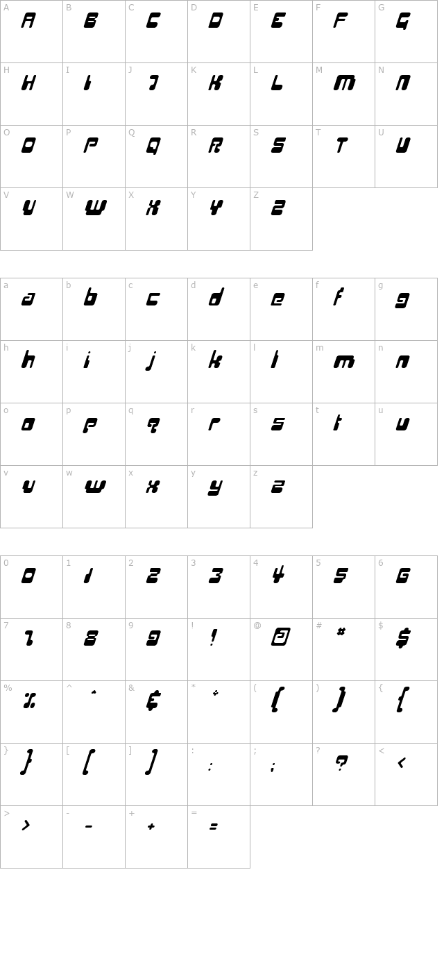 Hiro Italic character map
