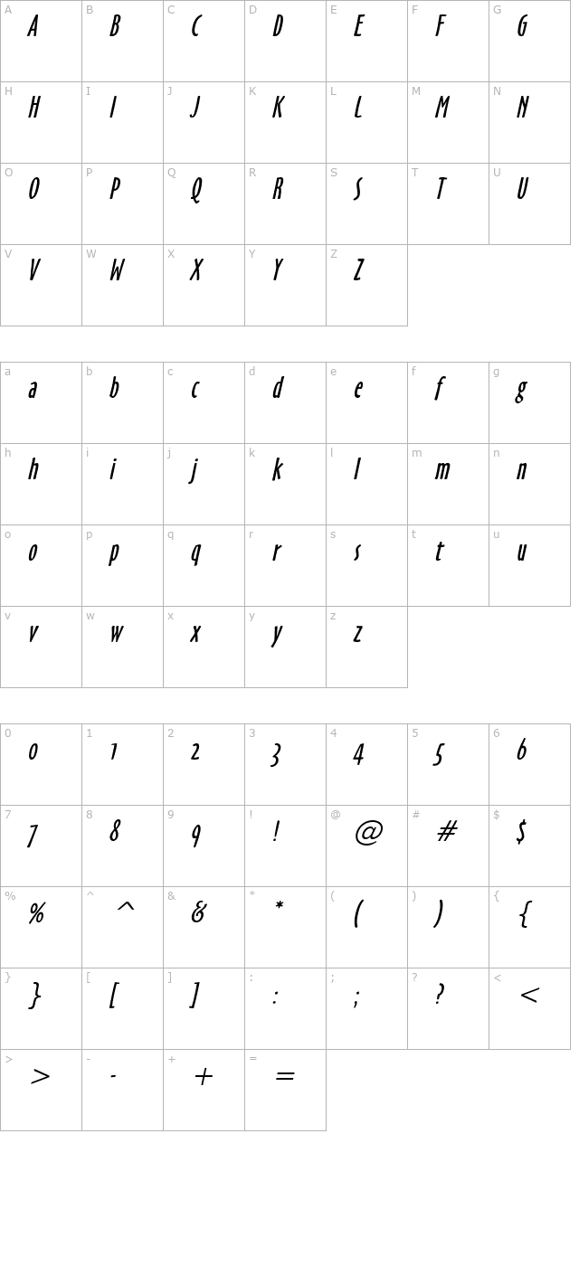 Hobby Italic character map