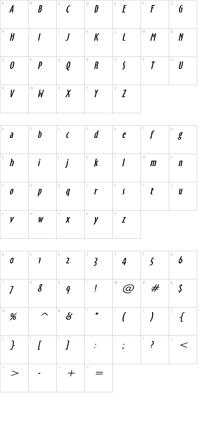 Hobby Wide Italic character map