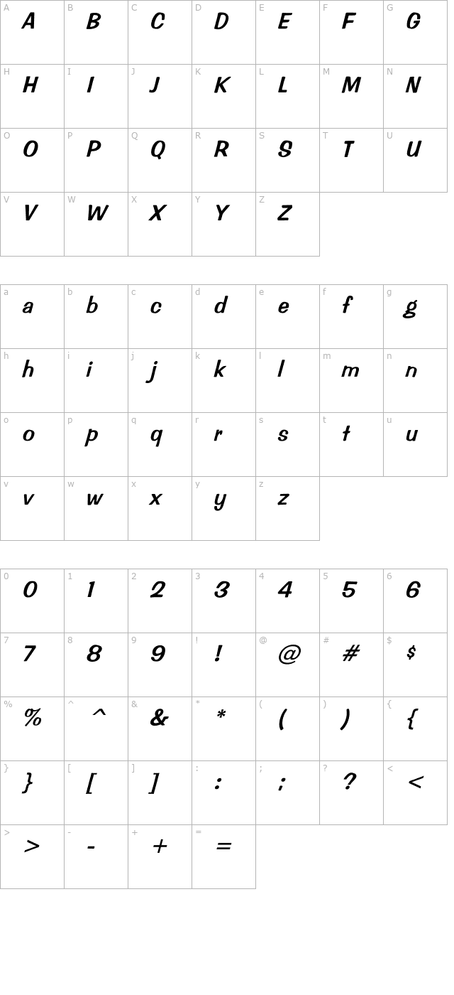 Impressed Italic character map