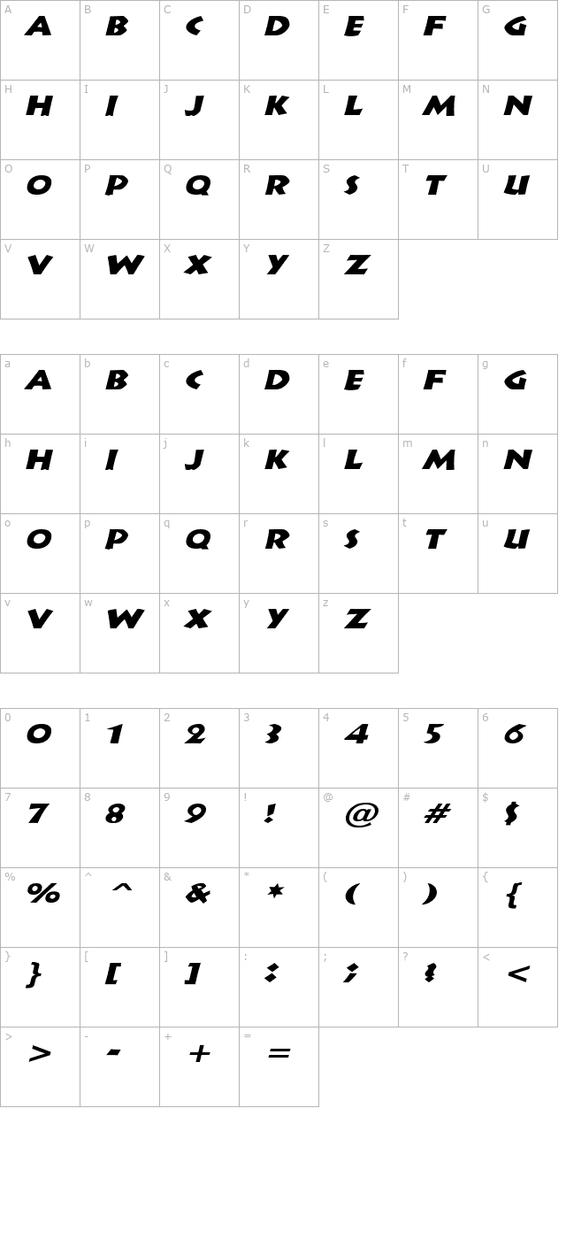 Indy Wide Italic character map