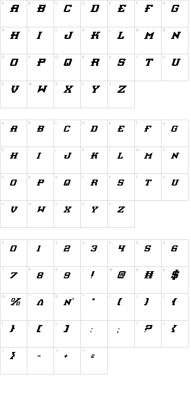 Interceptor Italic character map