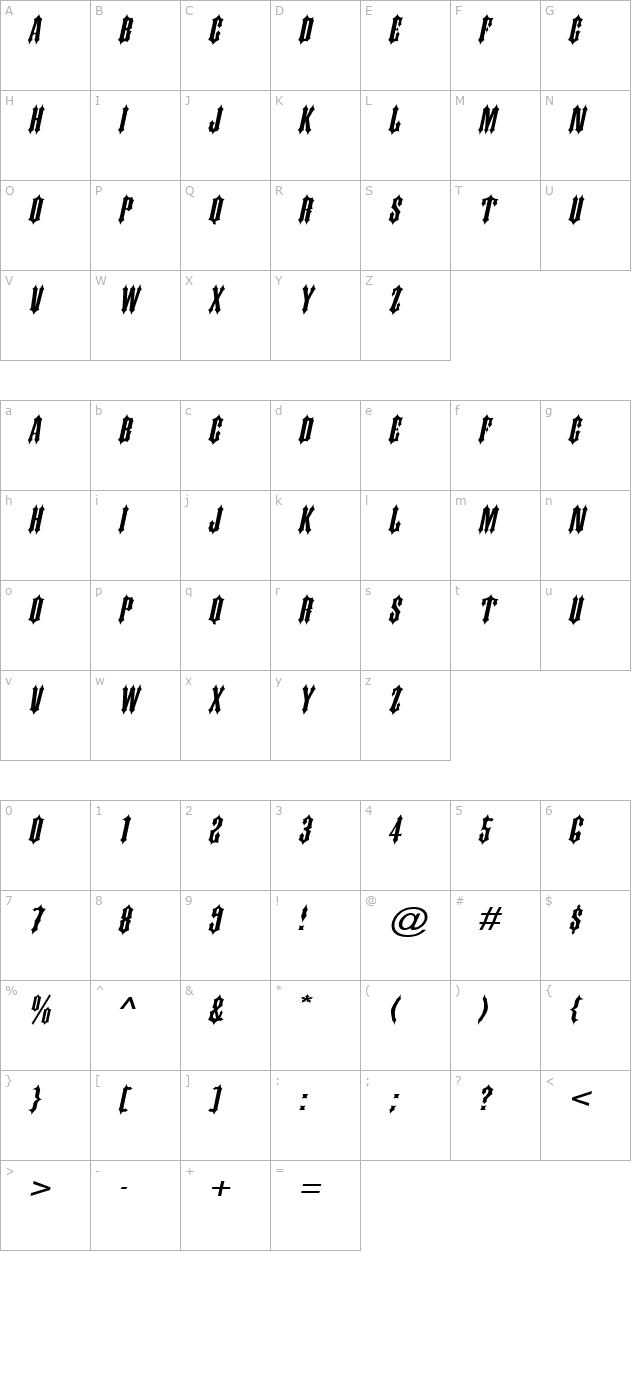 Ironwork Wide Italic character map
