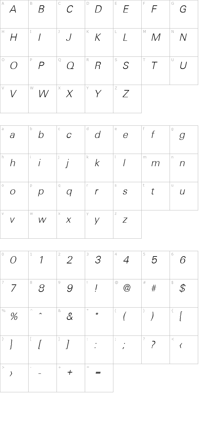 IrvinBecker-ExtraLight Italic character map
