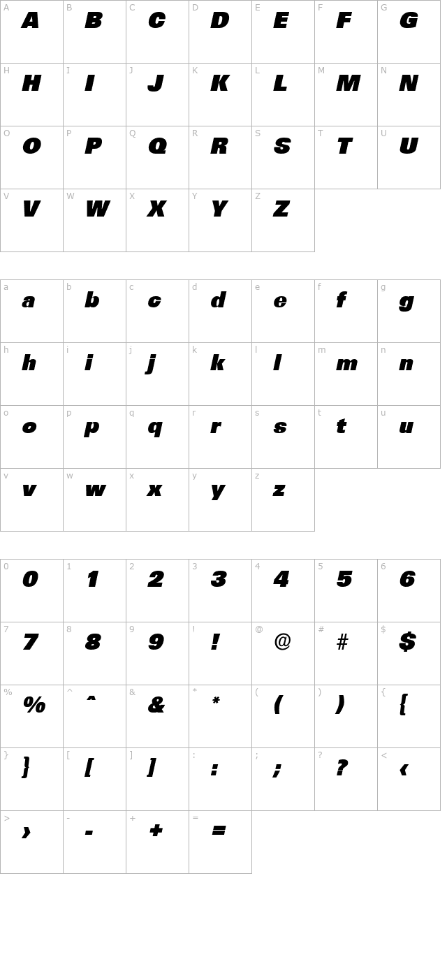 IrvinBecker-Heavy Italic character map