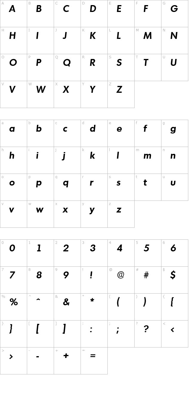 IvanBecker Bold Italic character map