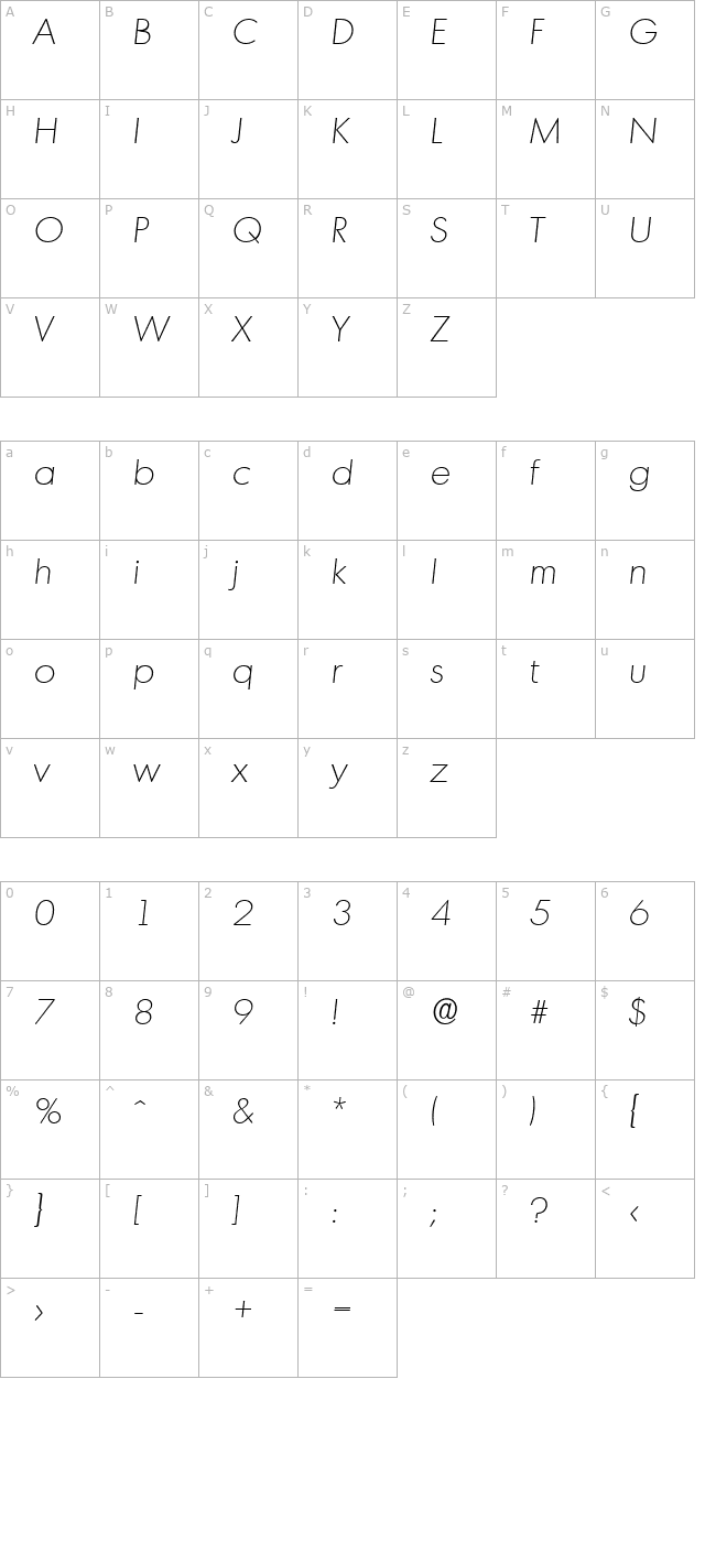 IvanBecker-ExtraLight Italic character map