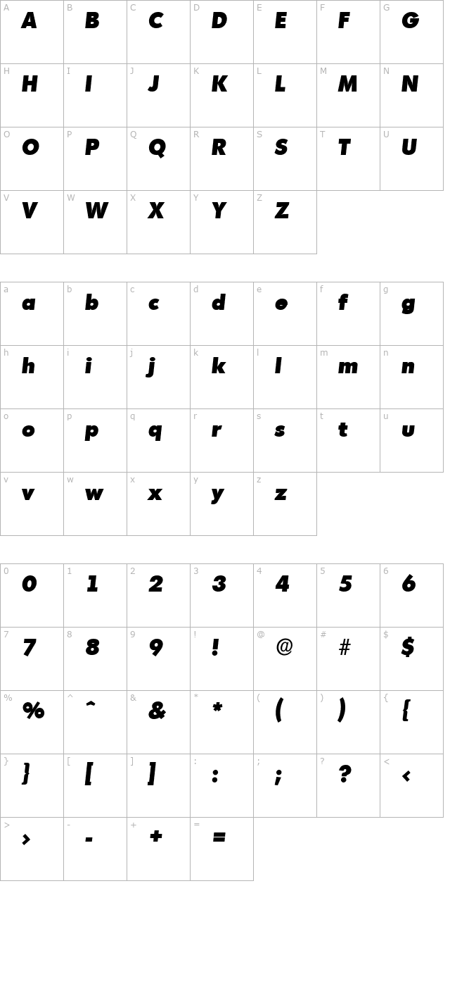 IvanBecker-Heavy Italic character map