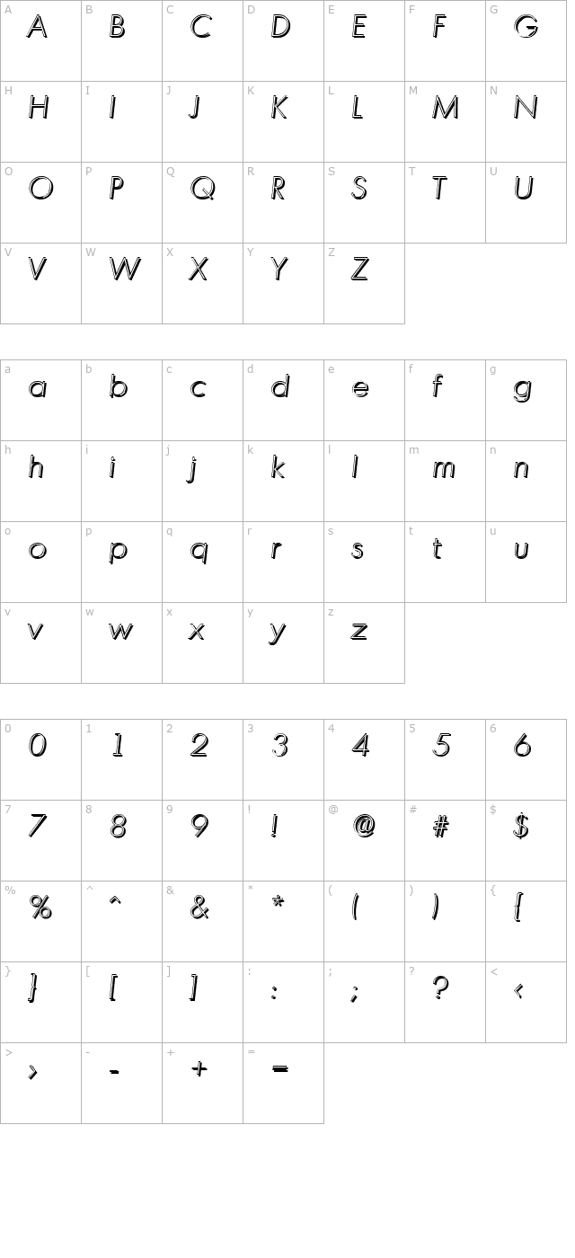 IvanBeckerShadow-Xlight-Italic character map