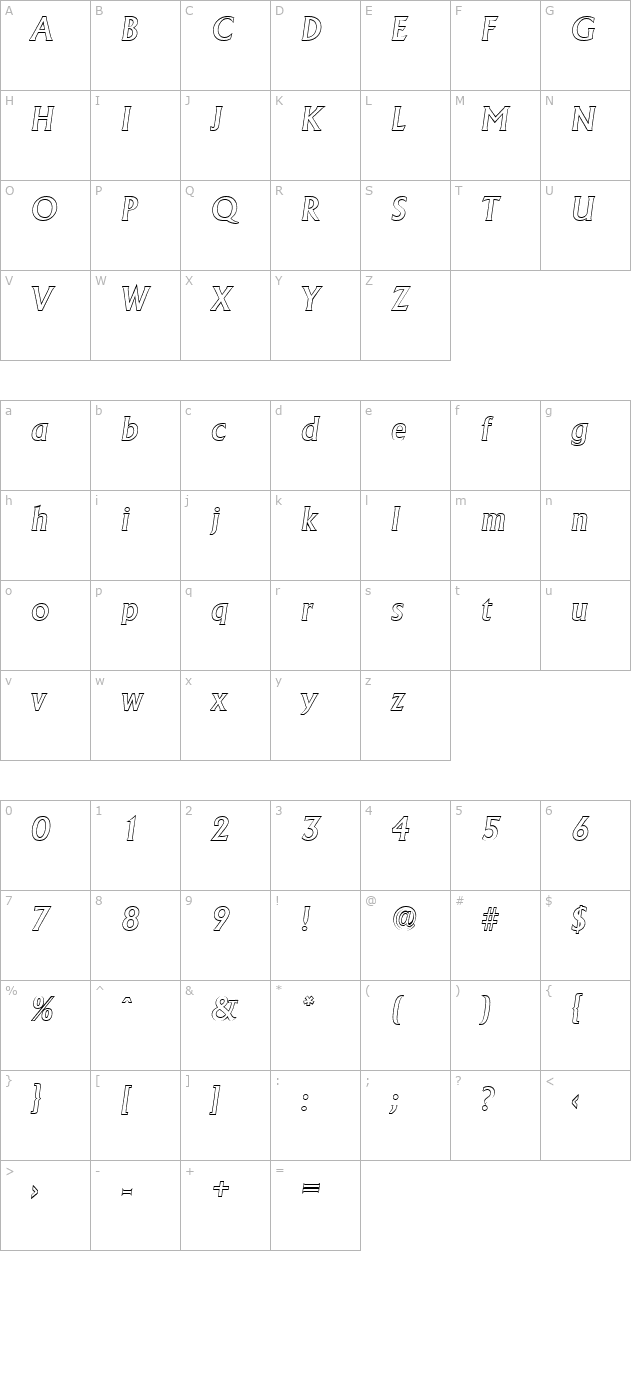 JacobBeckerOutline-Medium-Italic character map