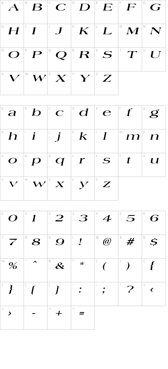 JadeExtended Italic character map