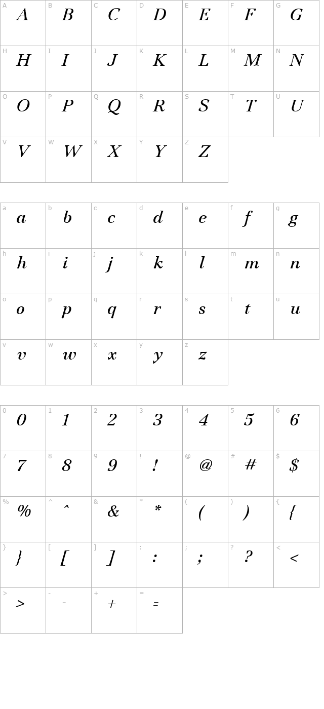 jamille-italic character map