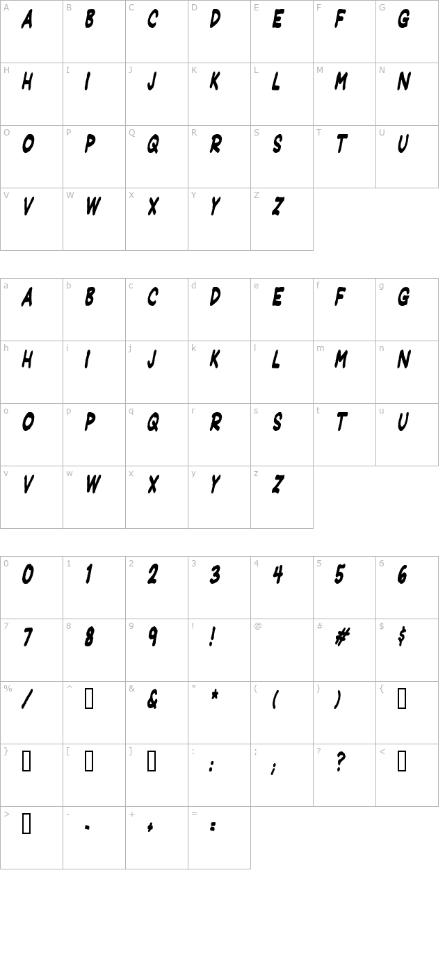 Jeffrey Print JL Condensed Italic character map