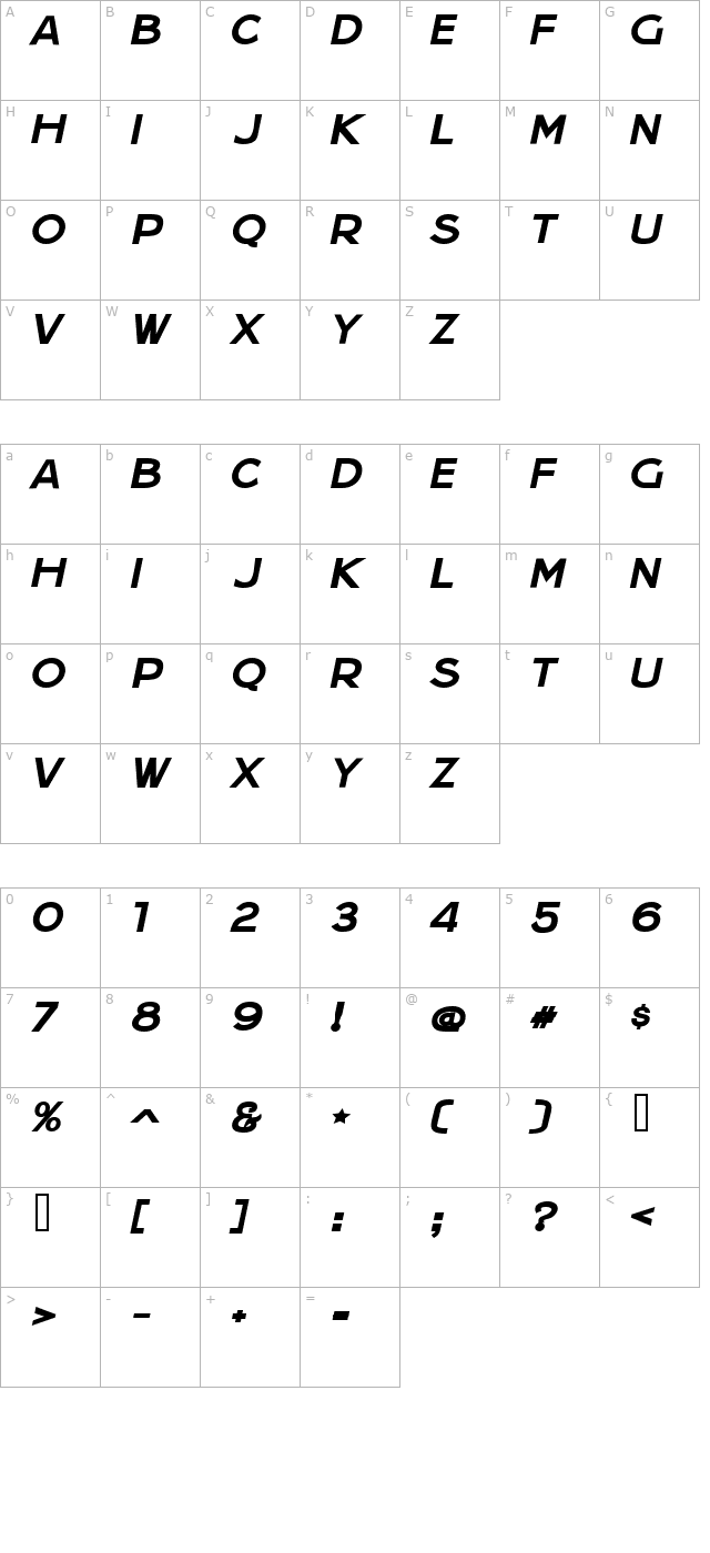 Jera Sans Bold Italic JL character map
