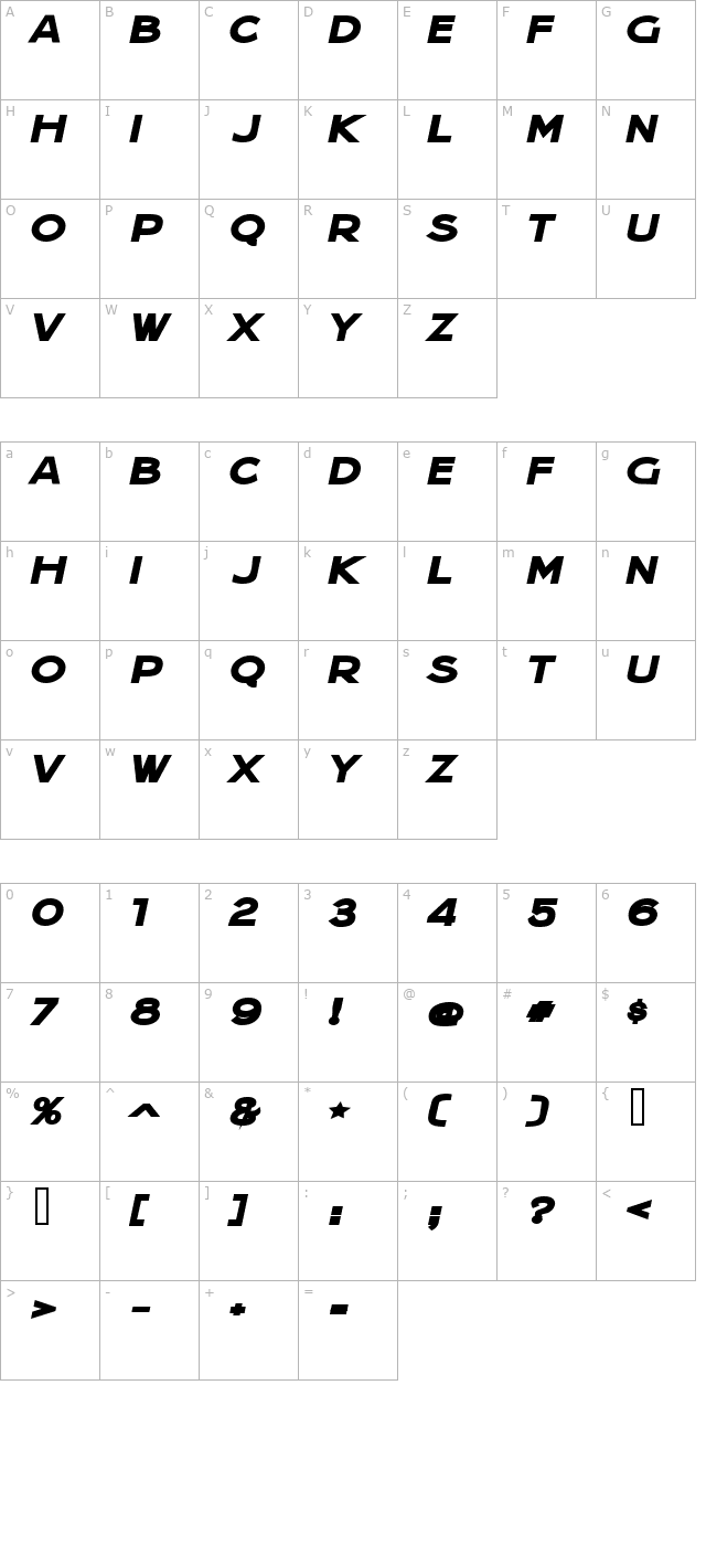 Jera Sans Heavy Italic JL character map