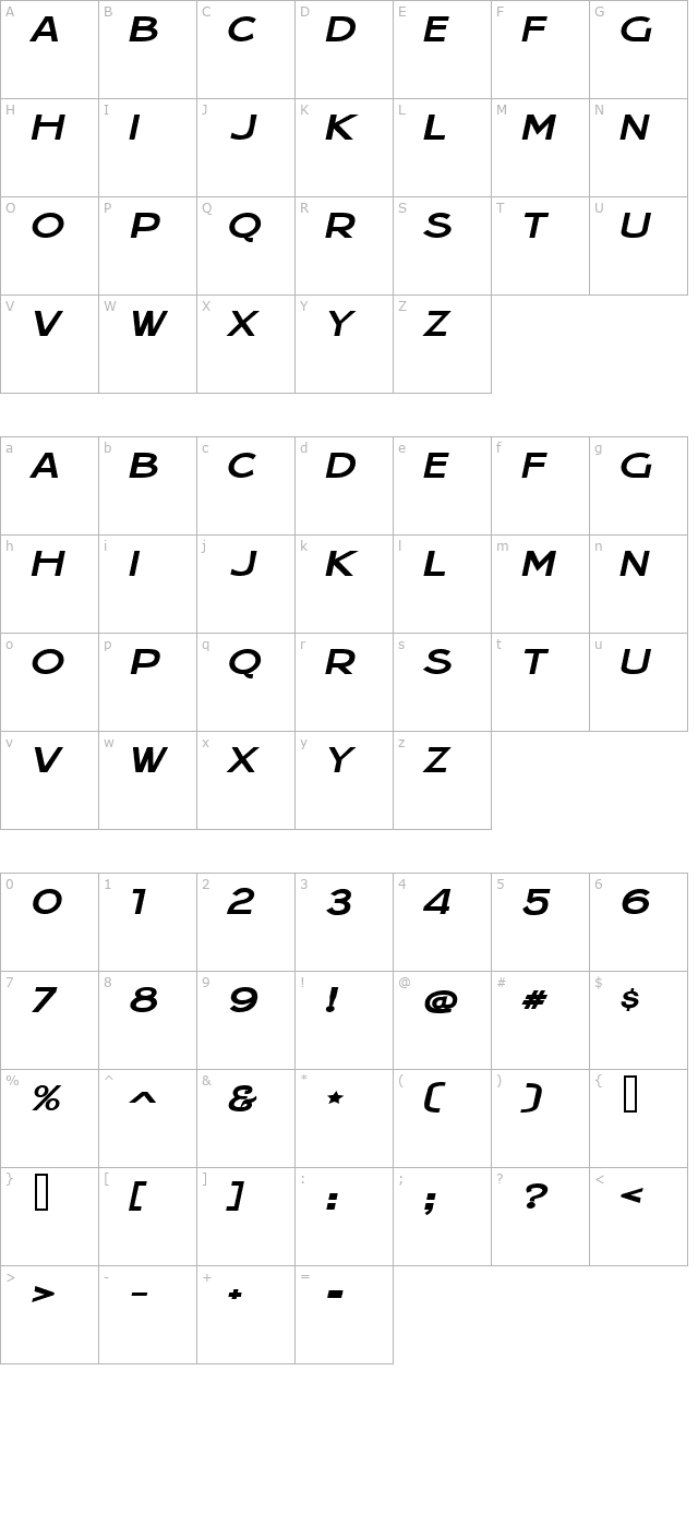 jera-sans-italic-jl character map