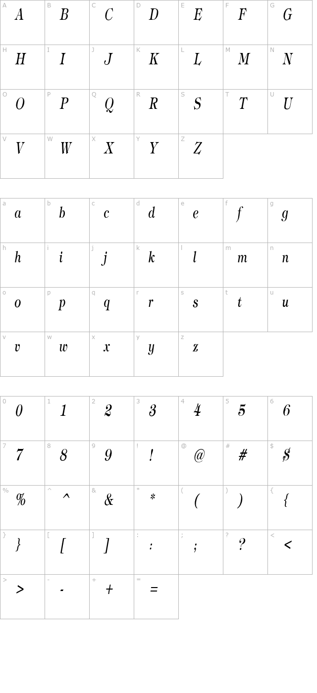 jewelcondensed-italic character map