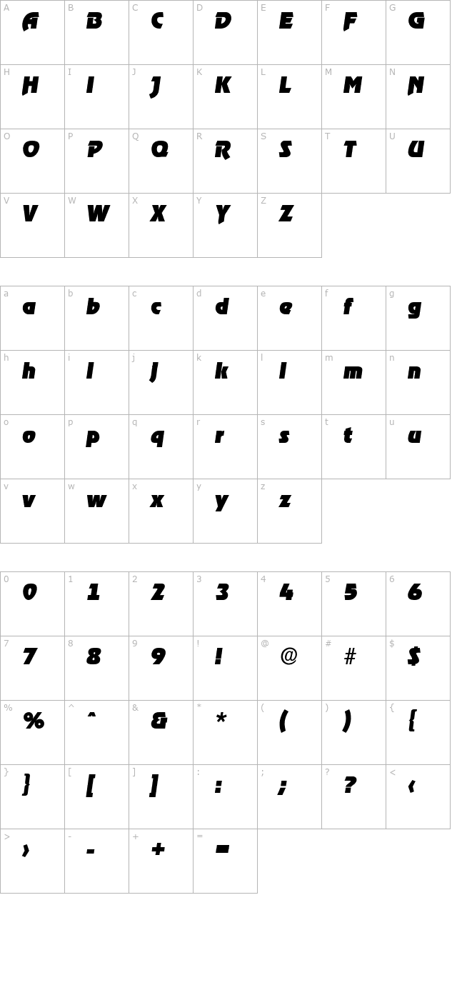 JoeBecker-Black Italic character map
