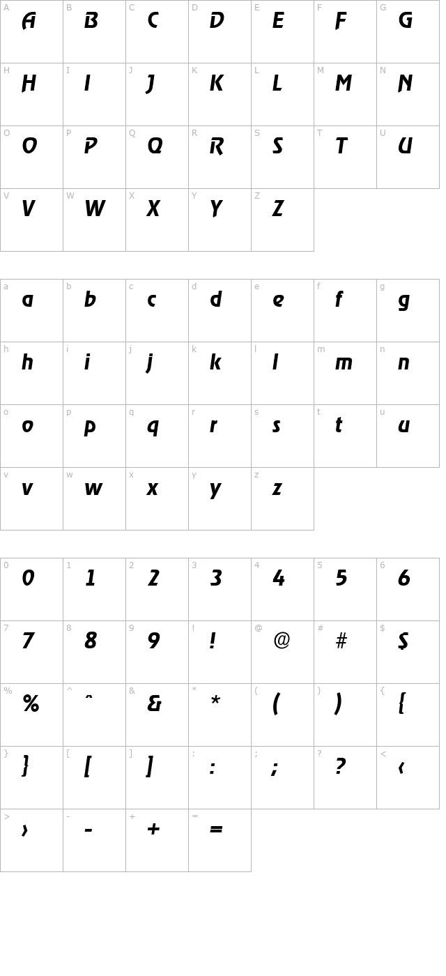 JoeBecker Bold Italic character map