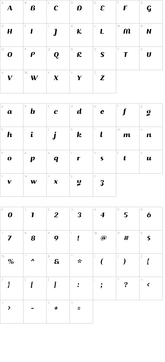 JuicyRegular Italic character map