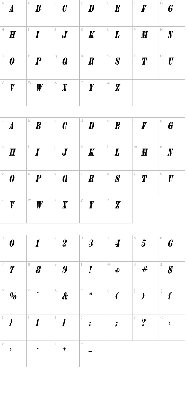 Julia Italic character map