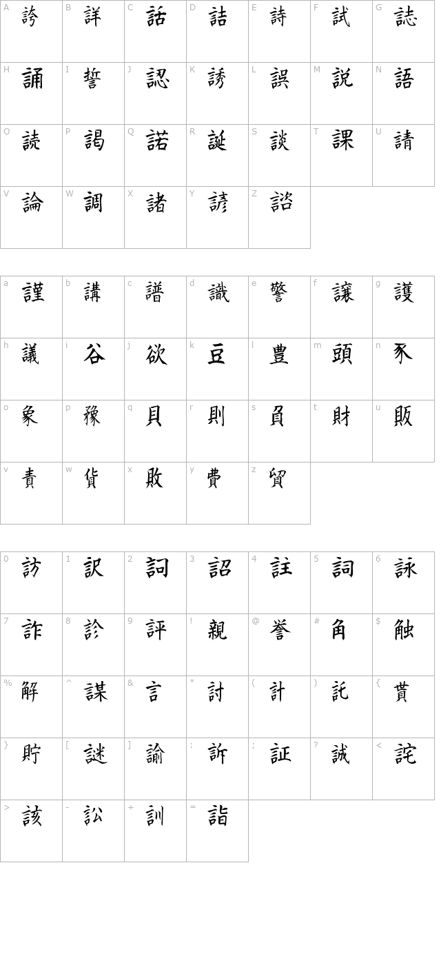 Kanji J character map