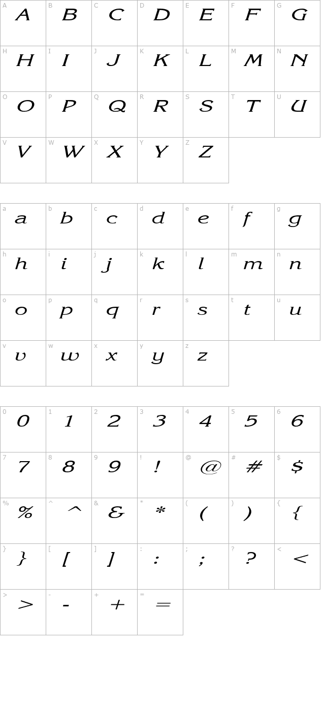 KatrinaExtended Italic character map