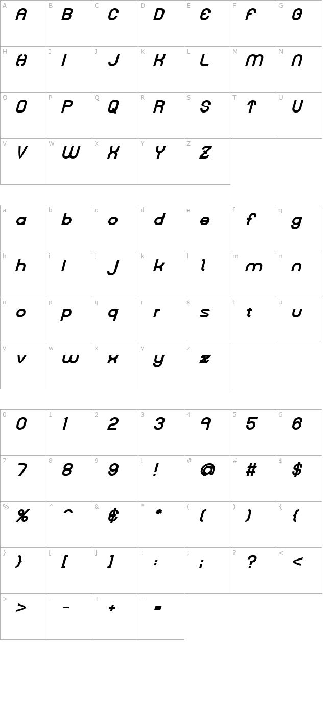 kelly-bold-italic character map