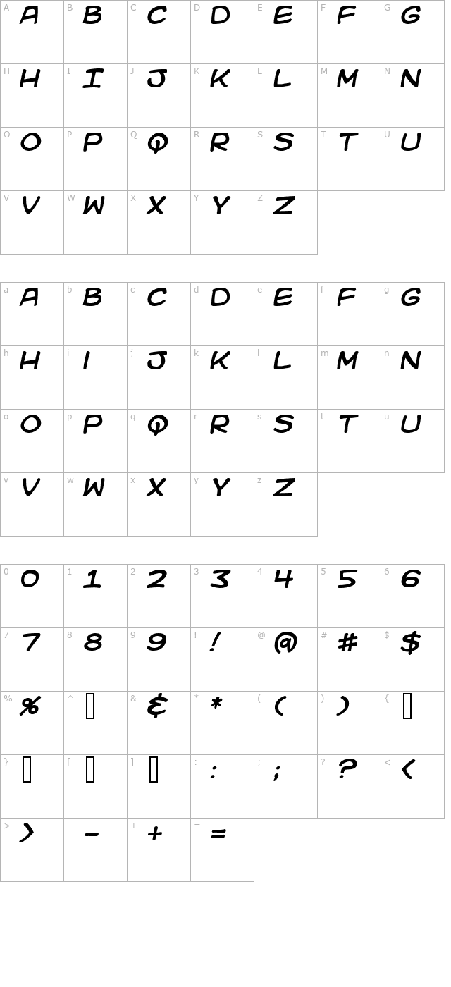 Kid Kosmic Italic character map
