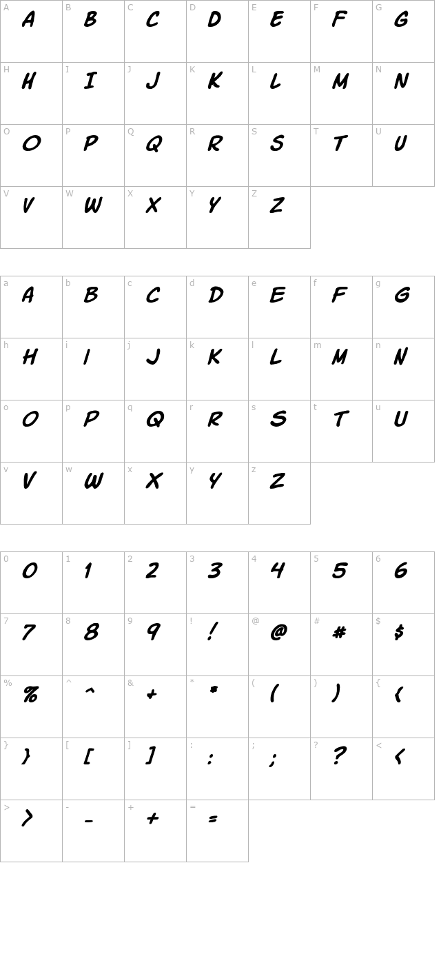 Komika Slick Italic character map
