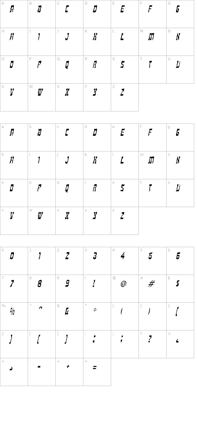 Kosher Condensed Italic character map