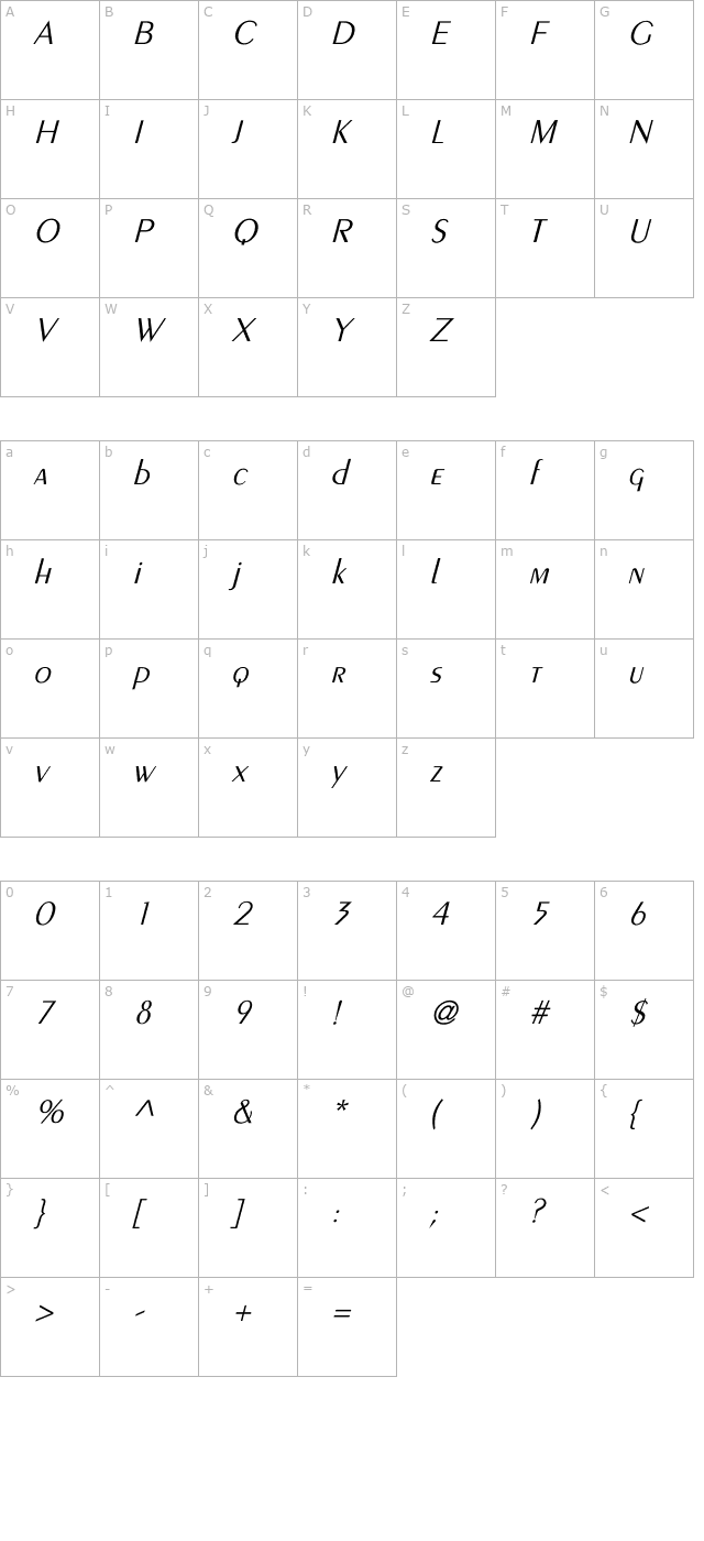 Larwell-Light Italic character map