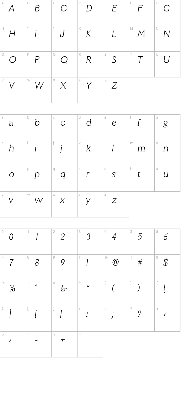 LeroyBecker-ExtraLight Italic character map