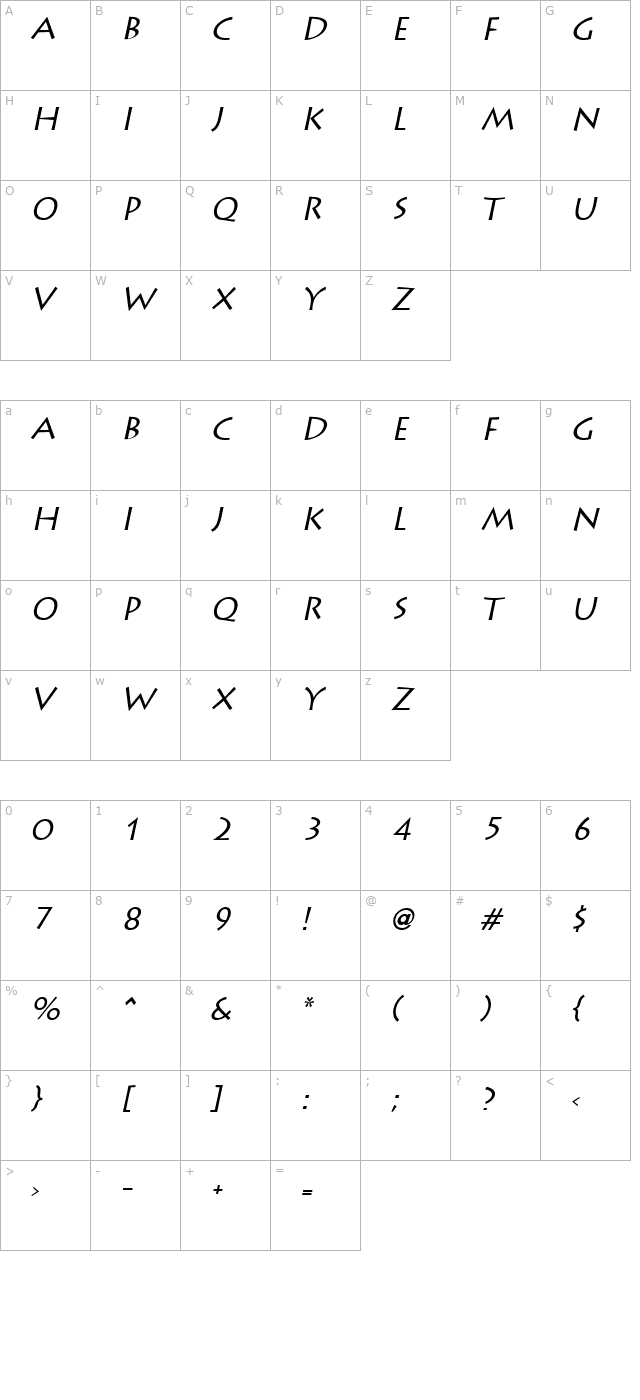 liddie-italic character map
