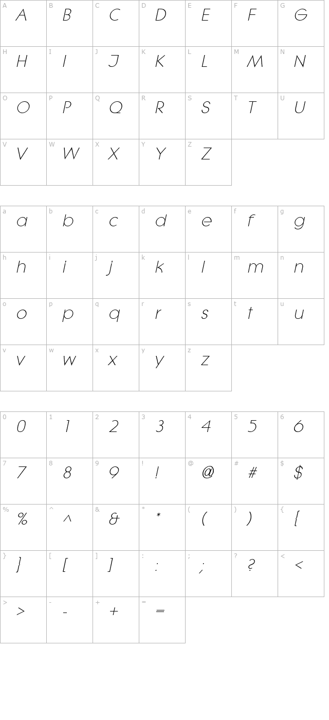 LitheLight Italic character map