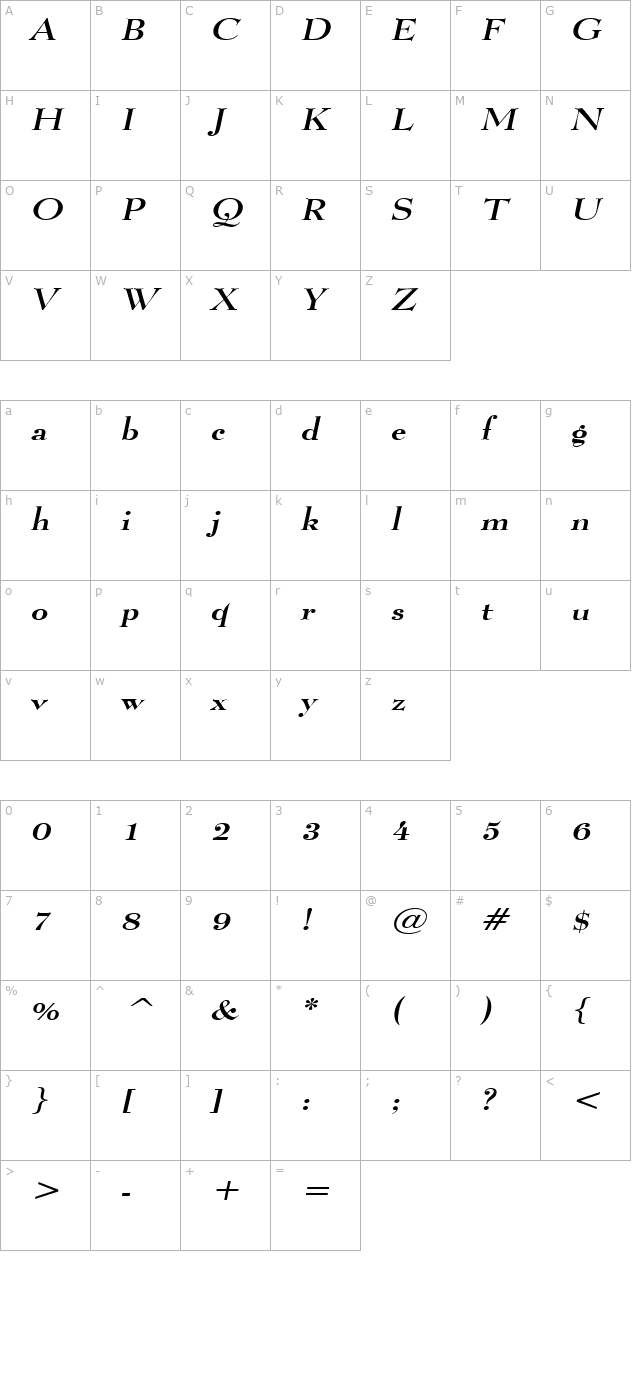 luciano-wide-italic character map