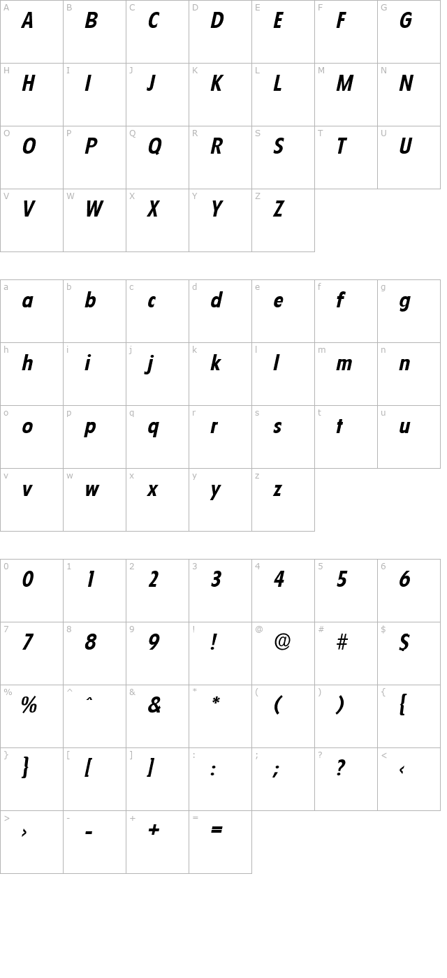 LuisBecker Bold Italic character map