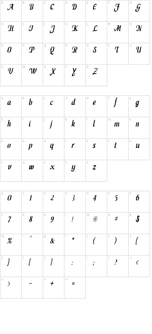 MaidenWordCondensed Italic character map