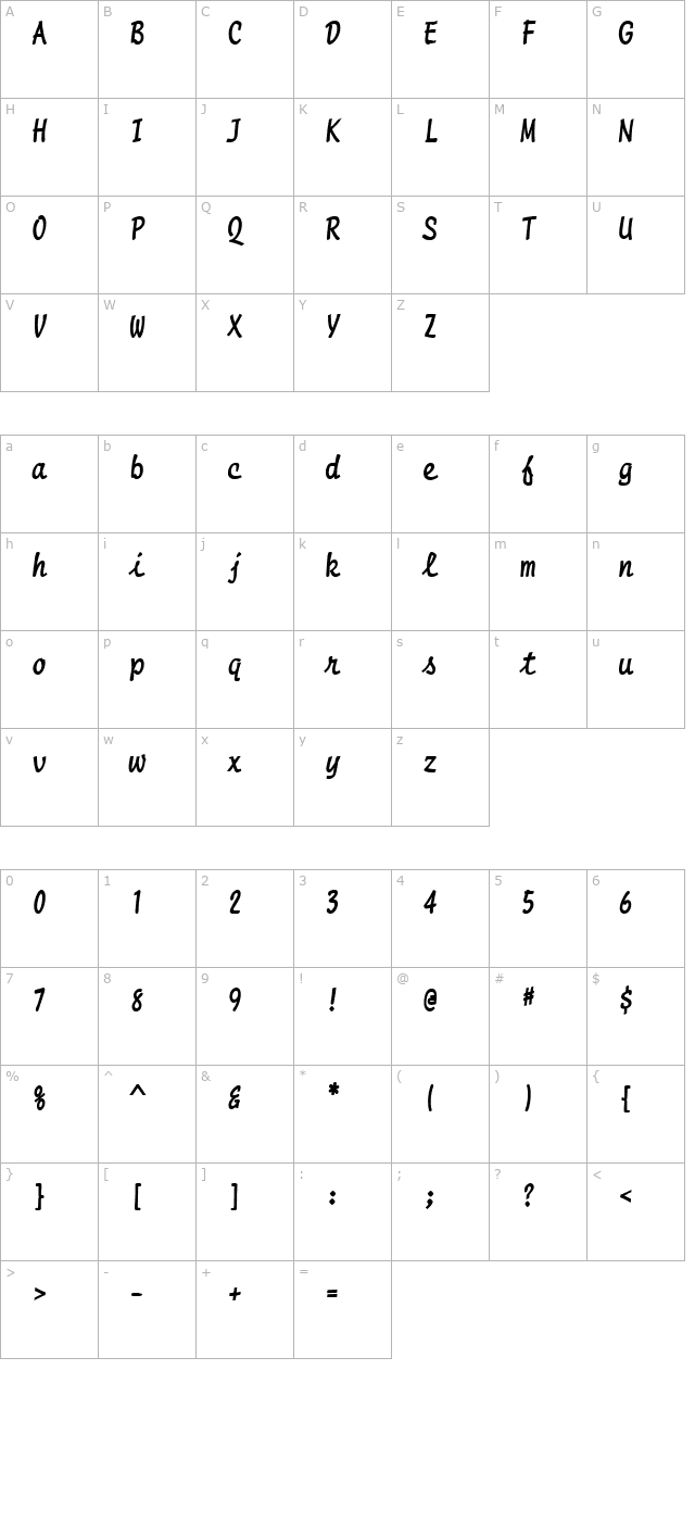 Manuscript Condensed Bold character map