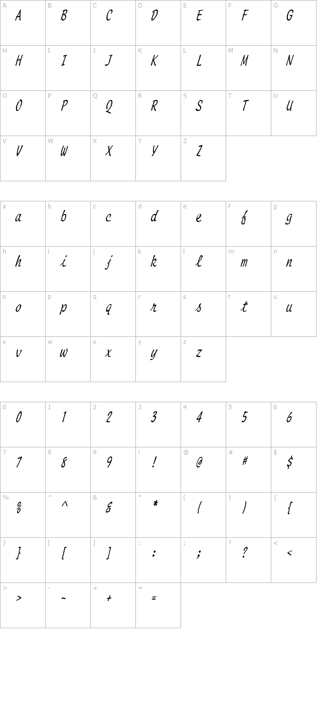 Manuscript Thin Italic character map