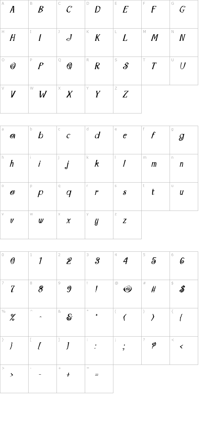Maraca Bold Italic character map