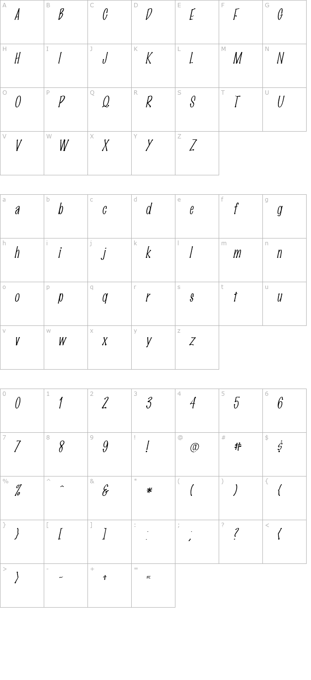 MarkingPen-Thin Italic character map