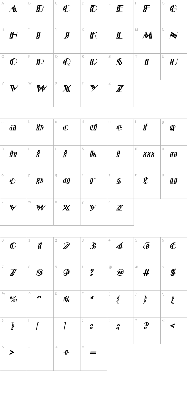 MarqueeFlash Italic character map