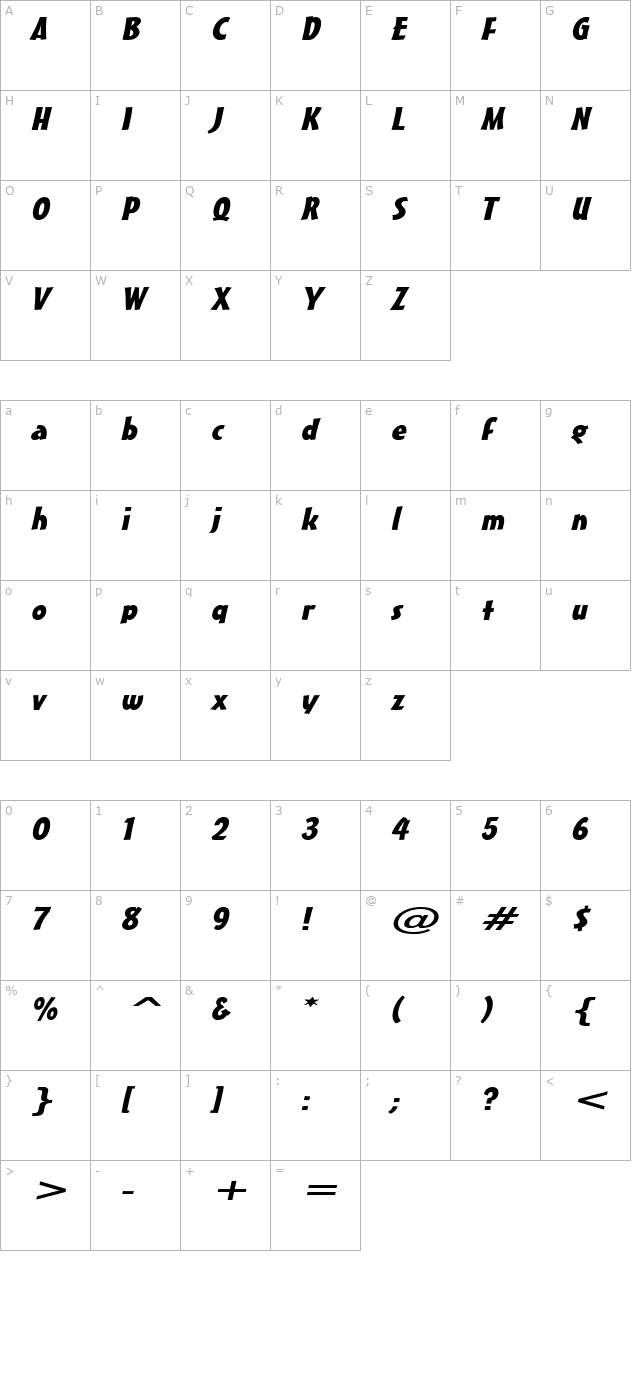 Massey Extended Italic character map